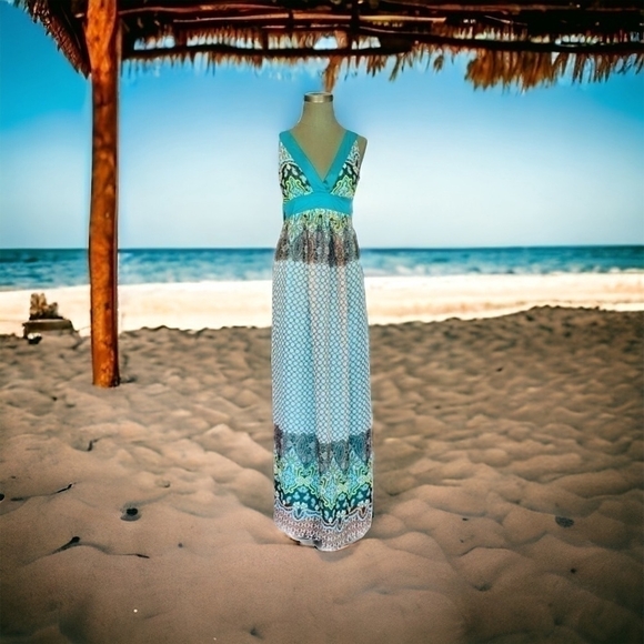 EVA ALEXANDER London V-Neck Multicolor Print Sleeveless Sheer Women’s Maxi Dress - Picture 2 of 11